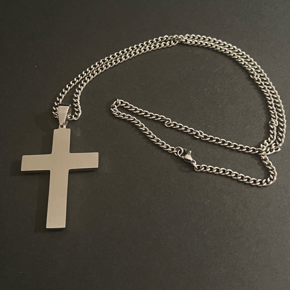 Men’s 1/2 CT. Diamond Double Row Cross Pendant with Stainless Steel Chain. - Picture 7 of 8